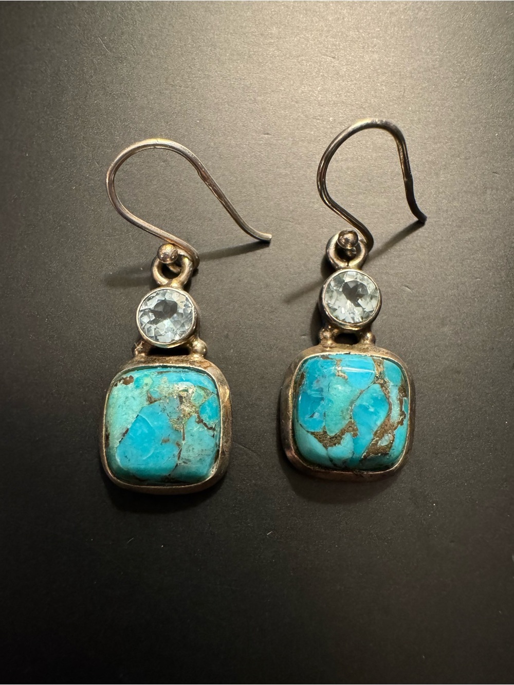 925 Sterling Silver Turquoise Blue Topaz Earrings 1.5”